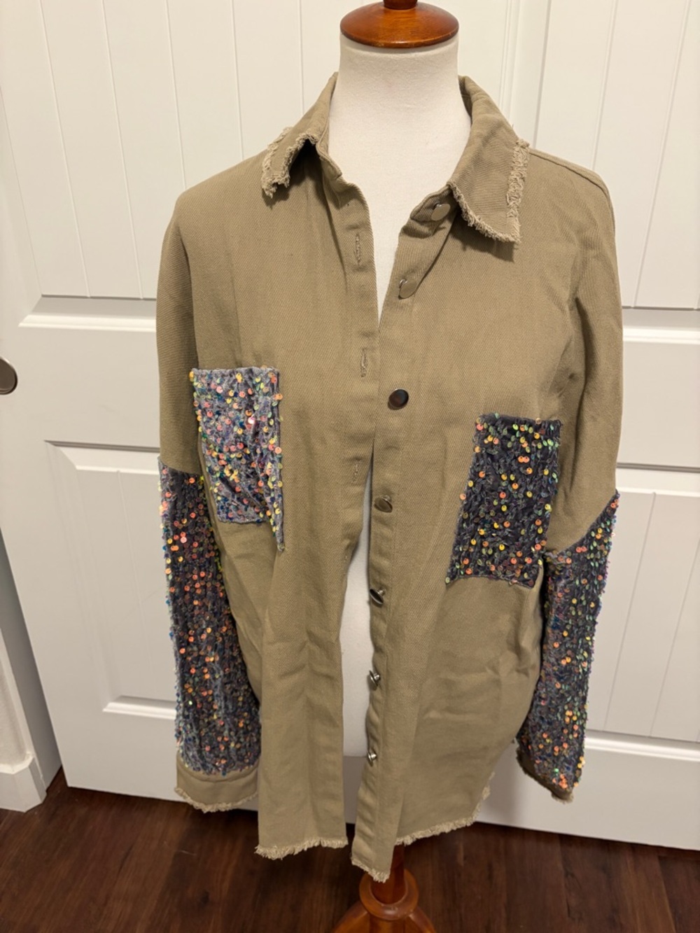 Sequin-Patch Utility Jacket in Khaki